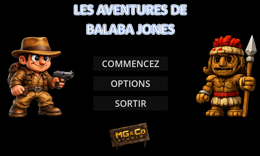 Écran-titre du jeu : Balaba Jones à gauche, une statue tiki à droite, trois boutons au centre